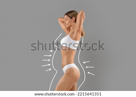 Beautiful Lady In Underwear With Drawn Outlines And Arrows Around Body Demonstrating Slimming Result, Slender Woman With Sporty Figure Standing Isolated Over Grey Studio Background, Collage