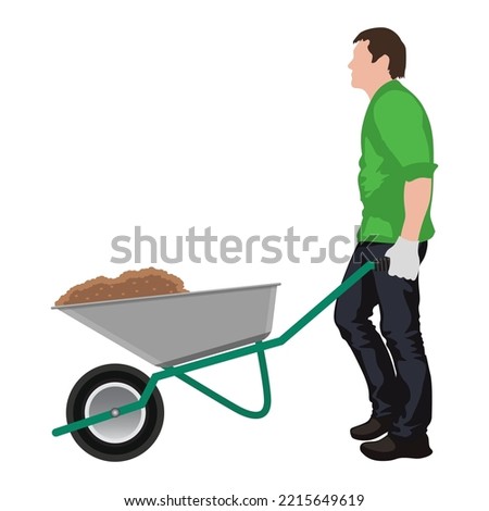 Man with wheelbarrow full of dirt or ground. Flies hover above the garden wheel barrow with manure. Gardener carries a wheelbarrow with organic fertilizers. Flat vector illustration. Royalty-Free Stock Photo #2215649619