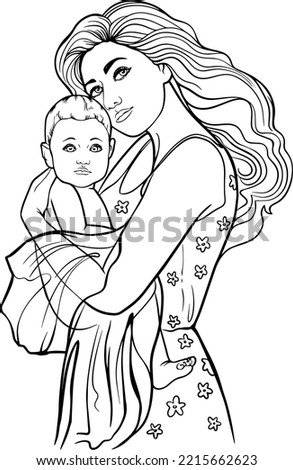 Mother and Child. Hand-drawn black and white sketch depicting a happy mother and child. Black and white line vector drawing. For coloring books and illustrations. Royalty-Free Stock Photo #2215662623