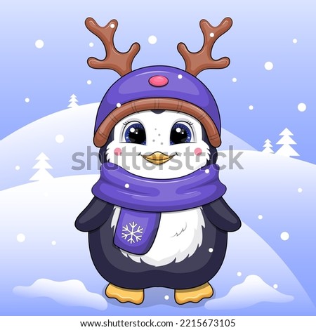 Cute cartoon penguin wearing a deer hat and scarf. Animal vector illustration on a winter background with snow.