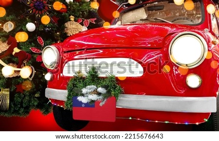 New Year's red car with the flag of Samoa against the backdrop of a colorful Christmas background