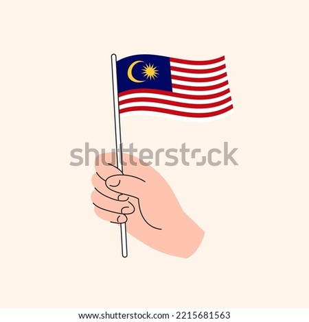 Cartoon Hand Holding Malaysian Flag Drawing, Flag of Malaysia, Hand Drawn Illustration, Flat Design Isolated Vector Icon.