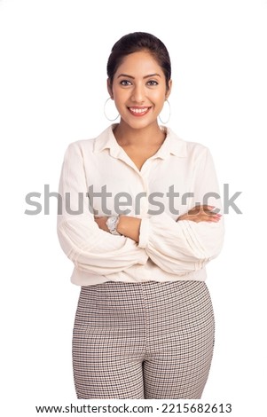 Cheerful Indian young business woman isolated on white. Royalty-Free Stock Photo #2215682613