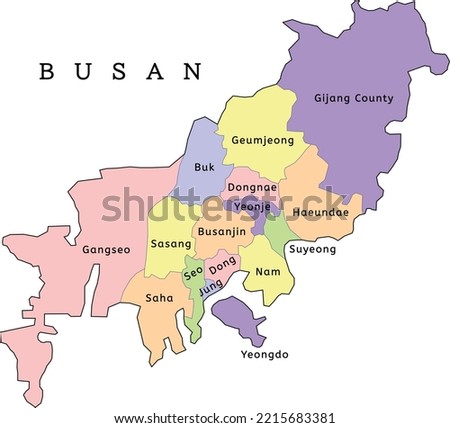 Busan city administrative map with districts. Clored. Vectored. Yellow, green, blue, pink, violet, orange Royalty-Free Stock Photo #2215683381