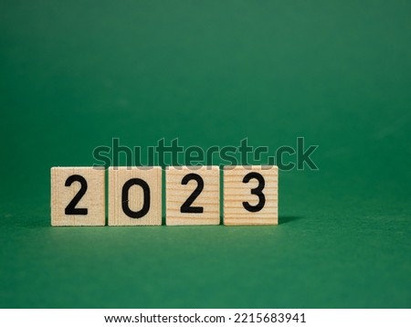 The inscription in wooden letters 2023 on a green background. Close-up.