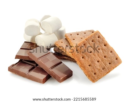 Chocolate blocks, graham crackers and marshmallow ingredients for s'mores on white background Royalty-Free Stock Photo #2215685589