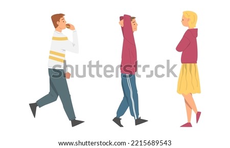 Various people walking down the street set cartoon vector illustration