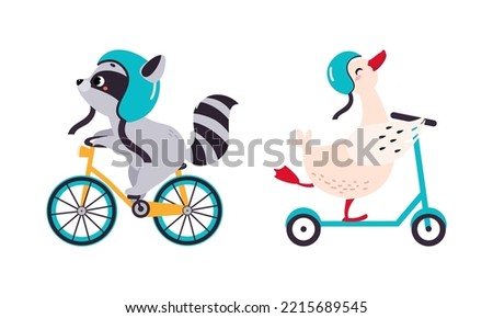 Cute baby animals enjoying ride. Raccoon on bike, gosling on kick scooter cartoon vector illustration