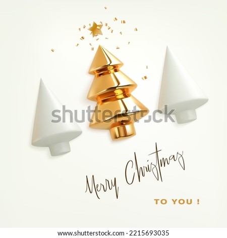 Merry Christmas white background. Xmas template with 3d render decorative gold christmas tree, tinsel confetti, gold star. Holiday winter decoration. Cartoon vector illustration