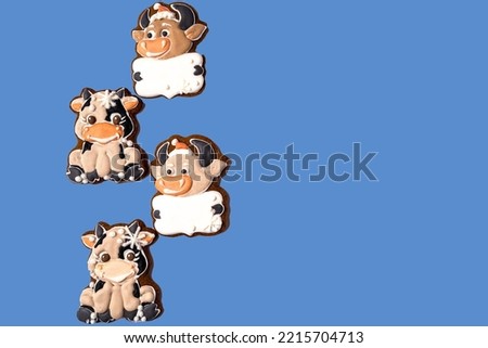 Christmas gingerbread in the shape of bull on white background,flat lay.
