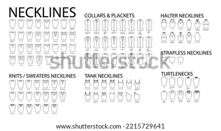 Set of necklines clothes - collars, plackets, knits, sweaters, tops, strapless, turtlenecks, tank, halter technical fashion illustration. Flat apparel template front side. Women, men unisex CAD mockup