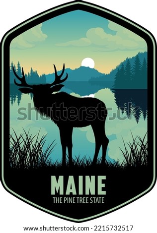 Maine vector label with moose in Katahdin Woods and Waters National Monument Royalty-Free Stock Photo #2215732517