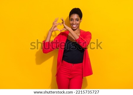 Photo of stylish trendy affection pretty lady guy make fingers heart sign wear red jacket isolated shine color background