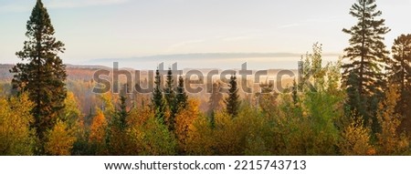 Panorama of a valley in the Sawtooth Mountains of Minnesota at sunrise on an autumn morning