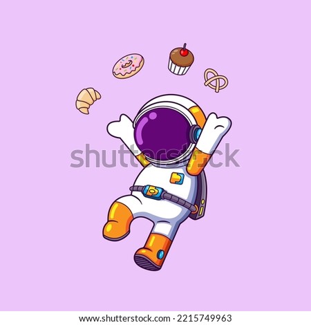 The happy astronaut is jumping and throwing a cookies and the sweet dessert of illustration