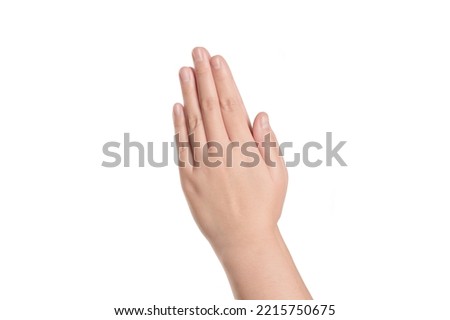 Woman praying hands with faith in religion. Woman hand pay respect isolated on white background. Royalty-Free Stock Photo #2215750675