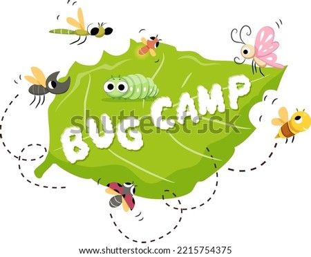 Illustration of Bugs Flying and Crawling on a Leaf and Bug Camp Lettering