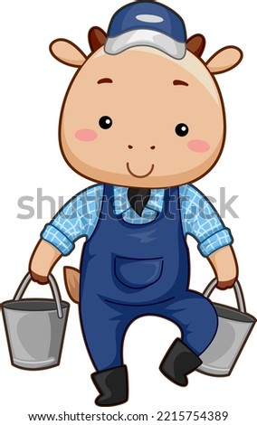Illustration of Mascot Goat Worker Wearing Overall, Boots and Cap Carrying Buckets for Farm