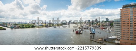 Post card view city hamburg harbor with ships closeup
