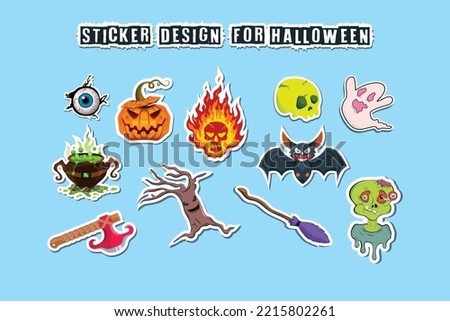 Halloween Sticker Design contains creepy spooky Bat, evil ghost, cartoon zombie, horror skull, bloody Viking axe, running tree, poison cauldron, fire skull, scary eye, and witch broomstick