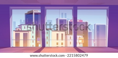 Empty office with large panoramic windows and urban view seen through glass. Modern open space premises, studio apartment, corridor or hall. Real estate rental in big city. Cartoon vector illustration Royalty-Free Stock Photo #2215802479