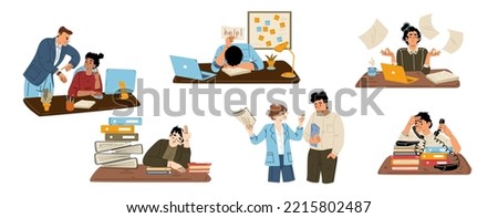 Stress at work, deadline, burnout set of busy fatigue people overloaded with business tasks. Office workers in anger and anxiety, tired employees and angry boss Linear cartoon vector illustration Royalty-Free Stock Photo #2215802487
