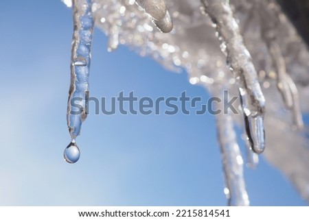 Icicle against light blue sky. Drop of melted snow falls down. Closeup. Illustration about end of winter or beginning of spring. Thaw. Macro Royalty-Free Stock Photo #2215814541