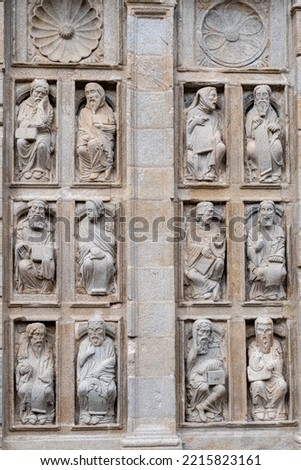 Relief figures of prophets and apostles. East facade, Gate of Forgiveness or Santa., Cathedral of Santiago de Compostela, Galicia, Spain. Royalty-Free Stock Photo #2215823161