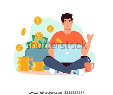 Freelancer at the laptop, from which gold coins are pouring into a wallet with dollars. Rich man works at home. Boy and big income, earn money online.  Vector illustration flat, isolated background. Royalty-Free Stock Photo #2215823339