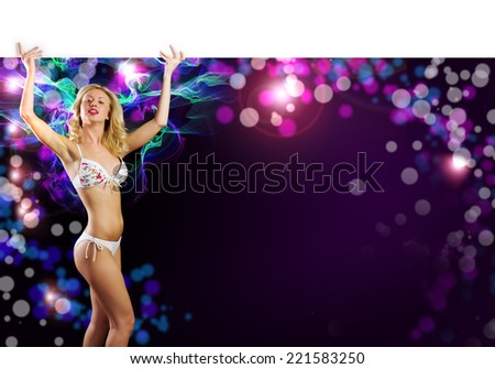 Young girl in white bikini with blank banner. Place for text