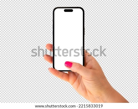 Mobile phone mockup. Woman holding phone in hand, transparent background pattern.