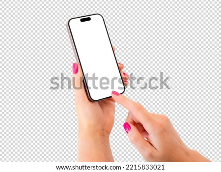 Mobile phone mockup. Woman holding phone in hand, transparent background pattern.