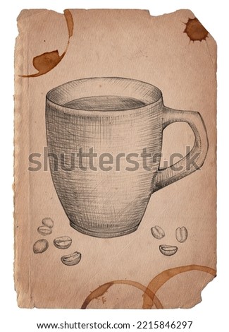 Old vintage paper with hand drawn cup and coffee beans isolated on white