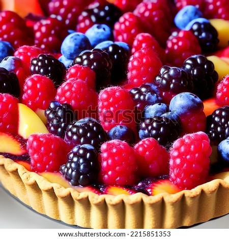 Assorted fruit and berry tart dessert tray. Closeup of beautiful delicious pastry sweets with fresh natural blackberries