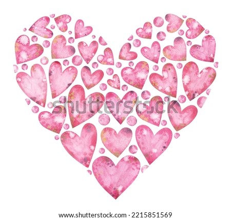 Watercolor pink heart with bubbles. Cute composition for Birthday cards, wedding invitations, Valentines
