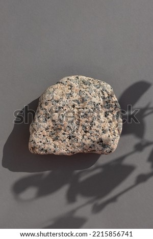 Abstract empty podium made of multicolored stone on a gray background with leaves shadows. Showcase for product promotion, beauty, natural eco cosmetic. Top view.