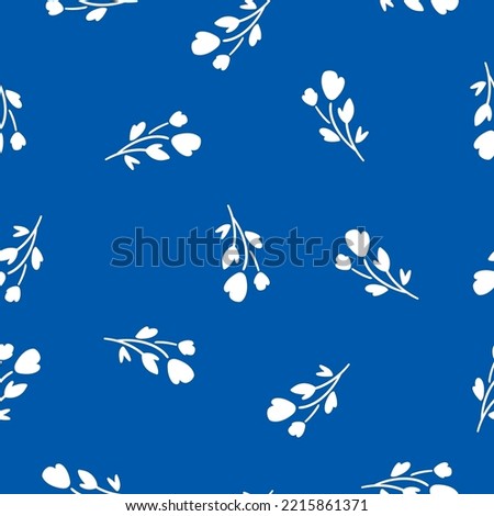 Boho seamless pattern with white flowers and blue background. Floral print for fabric, wallpaper or home decor.