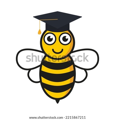 Cute friendly bee in graduate hat. Flying scholar bee with big kind eyes. Insect education character. Vector isolated on white. Royalty-Free Stock Photo #2215867211