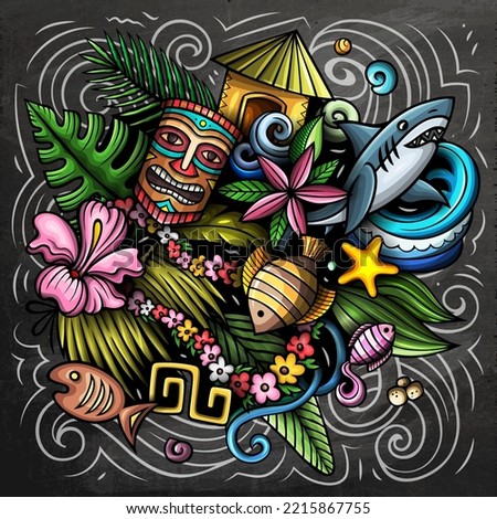 Hawaii cartoon vector doodle design. Chalkboard detailed composition with lot of Hawaiian objects and symbols. All items are separate