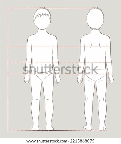 Child figure. Body proportions sewing clothing. Chest waist hips lines. Boy silhouette. Front back Template for technical drawing Vector illustration.