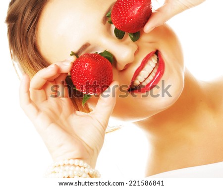 Fun woman with strawberry on the white background