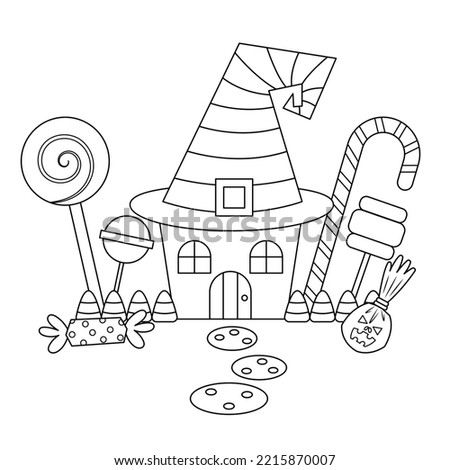 Hat shape Halloween haunted house with candies and sweets vector illustration cartoon. Cute Halloween vector cartoon on white background. 