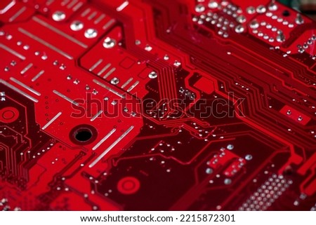 close up red circuit board background, computer technology, motherboard