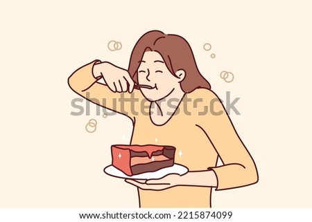 Hungry young woman eating cake suffer from eating disorder. Happy girl enjoy chocolate dessert. Guilty pleasure. Vector illustration.  Royalty-Free Stock Photo #2215874099