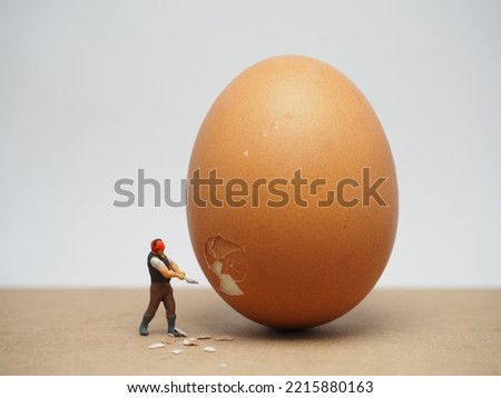 Miniature at table and egg with white background.