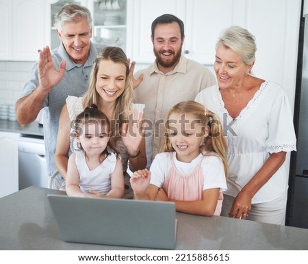 Wave, children and happy family on laptop video call for communication, conversation or relax in home kitchen. Mom, dad and grandparents or big family hello on video conference chat or online contact