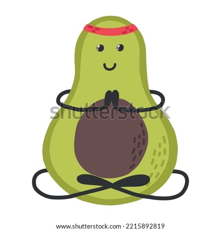 Cute avocado doing yoga meditation. Sport, hobby, exercise, yoga.Fruit character.Vector avocado in kawaii style. Sports healthy avocado. The concept of doing sports.