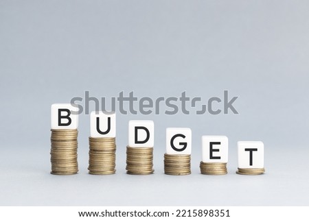 Constraint budget concept. Pile of coins forming a descending graph with blocks on top with text. Copy space Royalty-Free Stock Photo #2215898351