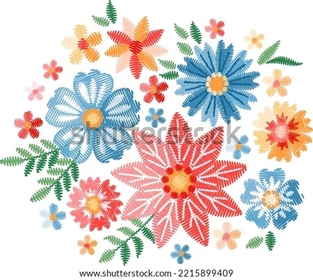 Bright bouquet of embroidered flowers on white background Royalty-Free Stock Photo #2215899409