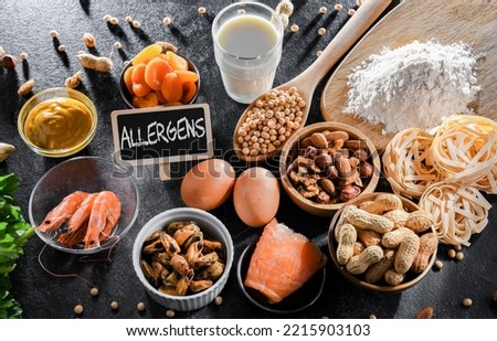 Composition with common food allergens including egg, milk, soya, nuts, fish, seafood, wheat flour, mustard, dried apricots and celery Royalty-Free Stock Photo #2215903103